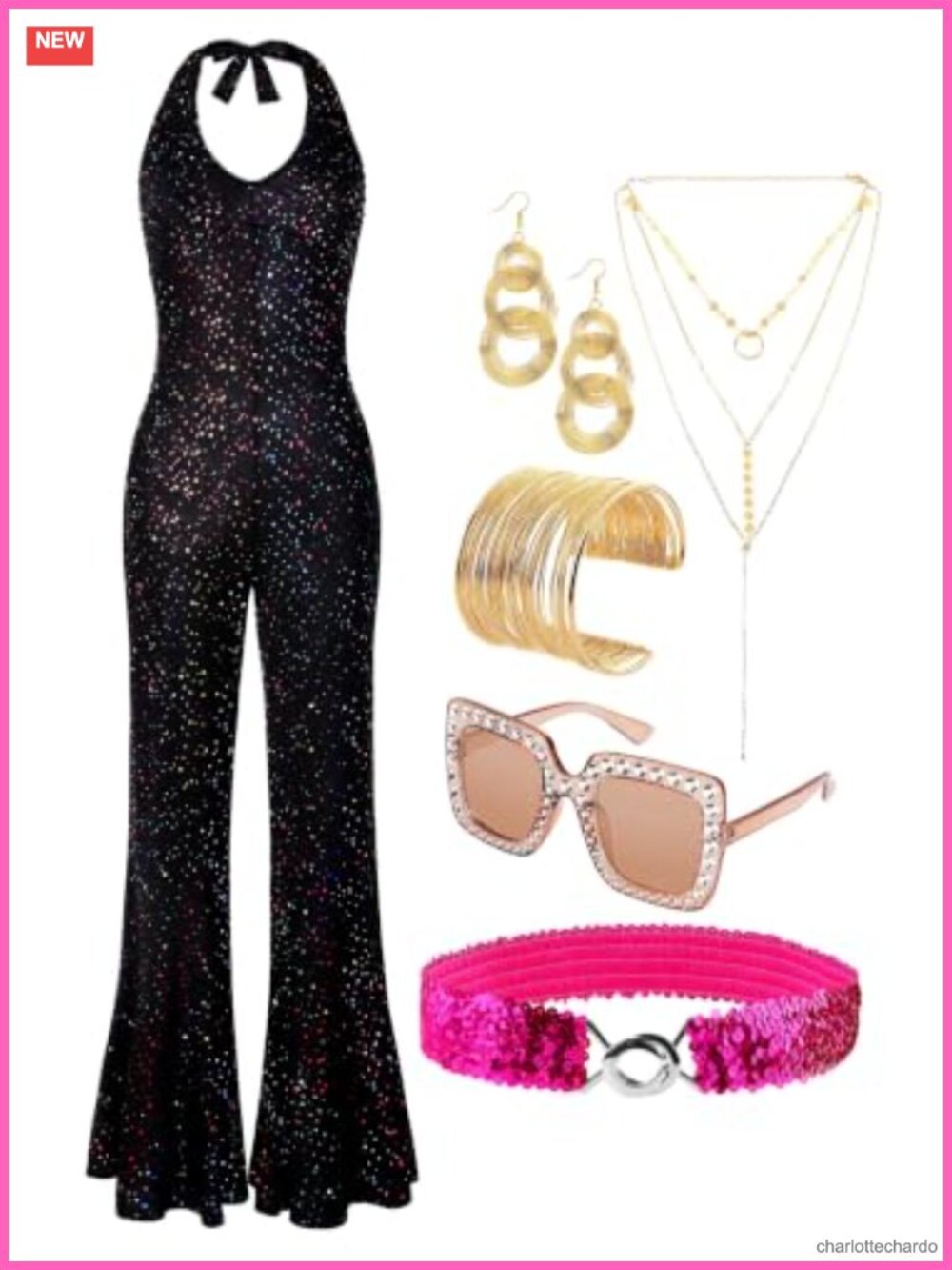 70s Disco Jumpsuit Costume Women Backless Sequin Belt Halloween Party Set